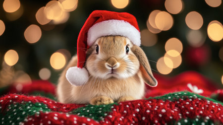 A charming rabbit wearing a Christmas hat, surrounded by a festive backdrop with bokeh lights, perfect for holiday greetings and seasonal themes.の素材