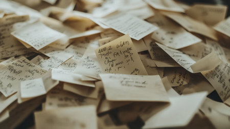 A close-up view of scattered handwritten notes on a desk, creating a chaotic yet artistic vibe. Perfect for visuals related to organization and creativity.の素材
