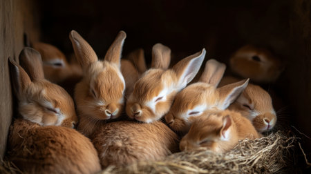 A delightful scene showcasing a group of sleeping rabbits nestled together in a cozy nest, radiating warmth and tranquility. Ideal for animal lovers.の素材