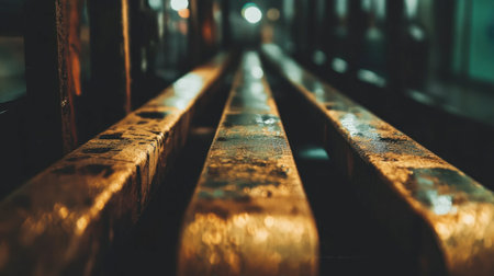 Close-up view of glimmering metal bars reflecting light and water droplets. The image captures an industrial atmosphere with textures and shadows, creating a moody ambiance.の素材
