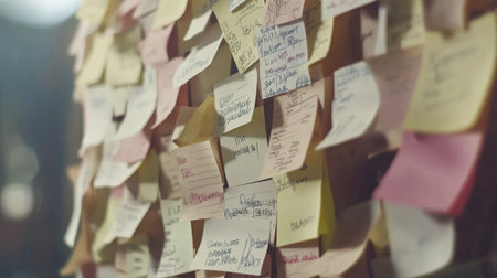A vibrant collection of colorful sticky notes on a wall, showcasing a blend of ideas and reminders in a dynamic office environment. Perfect for themes of creativity and organization.の素材