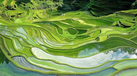 A breathtaking aerial view of terraced rice fields showcasing vibrant green hues and intricate patterns, reflecting nature's beauty and agricultural practices.の素材
