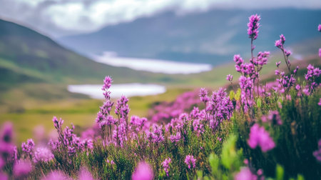 A stunning view of vibrant purple flowers blooming in a mountainous landscape. Experience the beauty of nature with this peaceful outdoor scene.の素材