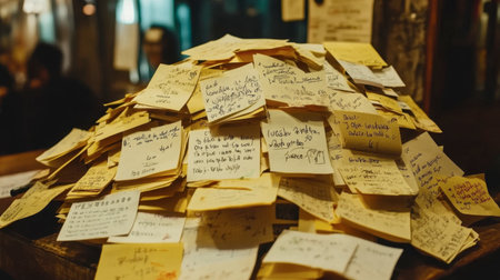 A vibrant pile of sticky notes in a cozy environment, showcasing creativity and communication through scattered thoughts and ideas on paper.の素材