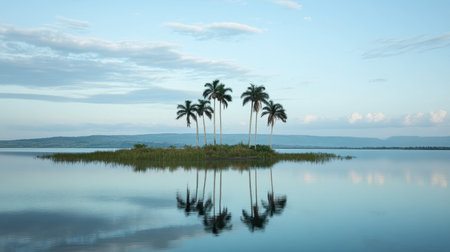 This tranquil tropical scene features palm trees standing on a serene isle, reflecting beautifully in calm waters under a blue sky. Perfect for evoking relaxation and natural beauty.の素材