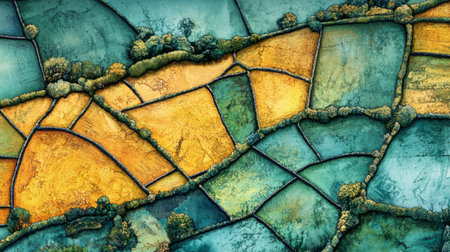 A stunning aerial view of a multicolored farmland landscape. This top-down view captures the intricate patterns of fields, displaying vibrant greens and yellows, highlighting the beauty of rural agriculture.の素材