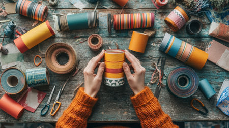 A vibrant crafting scene featuring hands holding a colorful paper cup amidst various tools and materials on a rustic wooden table, showcasing creativity.の素材