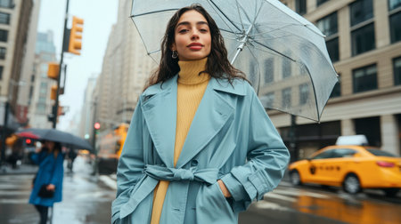 A stylish woman in a light blue trench coat stands confidently on a rainy city street, holding an umbrella. Her bright yellow top contrasts with the rainy atmosphere, enhancing her chic look.の素材