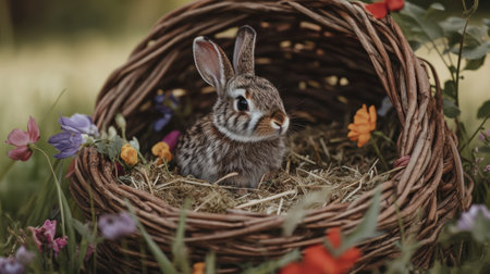 A charming rabbit sits in a woven basket surrounded by colorful flowers and soft straw. This serene scene captures the beauty of nature and the joy of spring.の素材