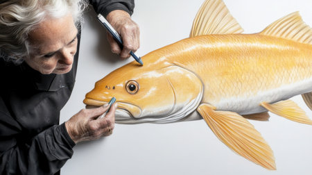 An artist skillfully captures a lifelike fish in vibrant colors, showcasing meticulous detail and a passion for marine wildlife through artful expression.の素材