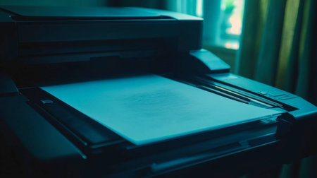 A close-up view of a printer with a document ready to print, set in a cozy home office environment. Ideal for representing home office technology and productivity themes.の素材