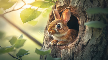 A charming rabbit peeks out from a hollow tree, surrounded by lush green leaves. This serene wildlife scene captures the essence of nature's beauty and tranquility.の素材
