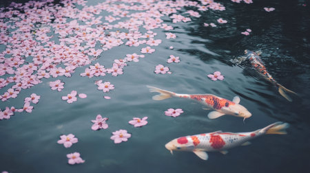 A serene image of koi fish swimming gracefully in a tranquil pond, surrounded by delicate pink cherry blossom petals, creating a peaceful natural scene.の素材