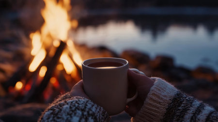 A cozy scene featuring hands holding a warm mug by a glowing bonfire at dusk, perfect for evoking feelings of comfort and tranquility in nature.の素材