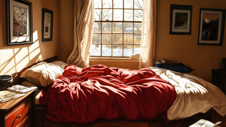 A cozy bedroom featuring a vibrant red blanket, bathed in warm sunlight streaming through a large window, creating a serene and inviting atmosphere.の素材