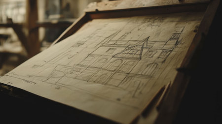 A detailed architectural sketch displayed on a wooden easel in a creative studio. The drawing showcases a unique design concept with precision and artistry.の素材