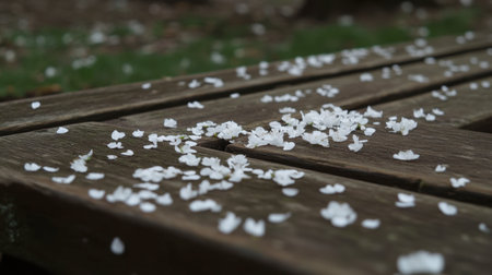 A serene composition featuring delicate white flower petals scattered across a rustic wooden surface, capturing the essence of nature's beauty in a tranquil setting.の素材