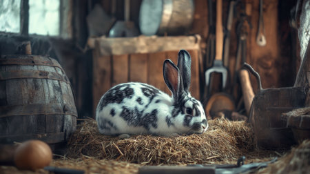 A serene rabbit rests on a bed of hay in a rustic barn. The warm wooden environment and vintage tools create a cozy, peaceful atmosphere perfect for animal lovers.の素材