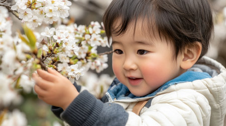 A joyful child interacts with beautiful spring blossoms in a garden, capturing innocence and wonder. The vibrant flowers add a sense of warmth and beauty.の素材