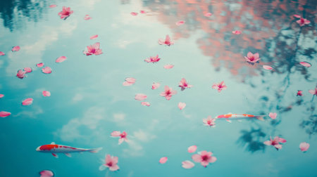 A serene pond scene featuring koi fish swimming among delicate pink flower petals, reflecting a tranquil blue sky, ideal for relaxation and nature themes.の素材