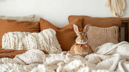 A charming rabbit sits on a cozy bed, surrounded by soft textiles and cushions, creating a warm and inviting atmosphere perfect for relaxation.の素材