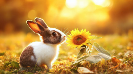 A charming rabbit curiously sniffs a vibrant sunflower in a sunlit field, capturing a serene moment of nature's beauty during a golden summer day.の素材