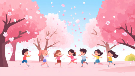 A vibrant illustration of children joyfully running under blooming cherry blossom trees during spring, capturing the essence of childhood happiness and friendship.の素材