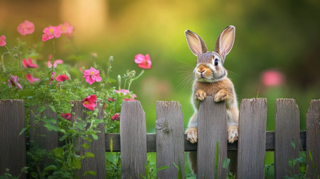 A charming rabbit perches on a rustic wooden fence, surrounded by vibrant flowers. The serene scene captures the beauty of nature and wildlife.の素材
