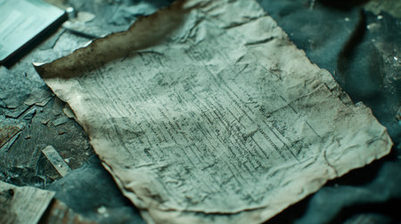 Close-up of an old manuscript resting on a textured surface, showcasing its aged appearance and intricate writing. This image conveys history and craftsmanship.の素材