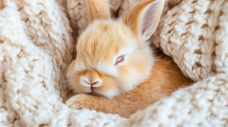 A charming young bunny peacefully rests in a soft, cozy blanket, showcasing its adorable features. The perfect representation of comfort and tranquility.の素材