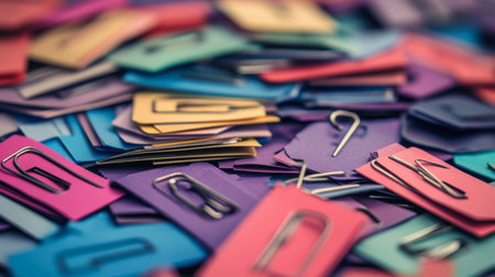 A vibrant assortment of colorful paper clips scattered on bright cardstock, perfect for showcasing office supplies, organization tools, or creative workspace design.の素材