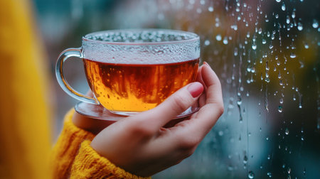 A cozy scene featuring a hand holding a glass cup of warm tea beside a rainy window. The vibrant orange tea contrasts with the soft droplets, creating a serene atmosphere.の素材
