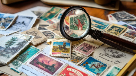 A captivating arrangement of vintage stamps on a wooden table, accompanied by a magnifying glass. Perfect for showcasing the art of philately and collecting.の素材