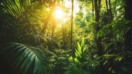 A serene jungle scene featuring vibrant green foliage and sunlight streaming through the trees, creating a tranquil and inviting atmosphere in nature.の素材