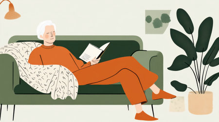 A serene indoor scene depicting a relaxed adult reading a book on a cozy sofa, surrounded by plants and soft, minimalistic decor, capturing a moment of tranquility.の素材