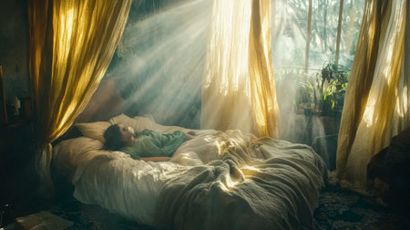 A serene bedroom scene bathed in morning light, creating a tranquil atmosphere. Soft bedding and flowing curtains invite relaxation and peace.の素材