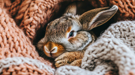 A cute rabbit rests comfortably in a soft knitted blanket, radiating warmth and tranquility. This adorable pet captures the essence of coziness and serenity in a homely setting.の素材