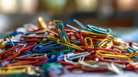 A vibrant assortment of colorful paper clips scattered in a lively arrangement, perfect for showcasing office supplies or creative workspace elements.の素材