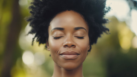 A serene woman with natural hair enjoys a moment of tranquility outdoors. Her peaceful expression and closed eyes reflect joy, self-care, and mindfulness in nature.の素材