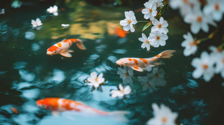 A serene pond scene featuring vibrant koi fish swimming gracefully among delicate white blossoms, creating a peaceful and calming atmosphere in nature.の素材