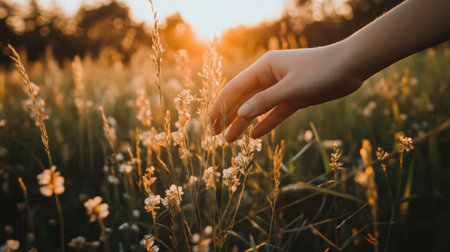 A gentle hand reaching out to touch delicate flowers in a sunlit field during sunset. This scene evokes a sense of peace and connection with nature.の素材