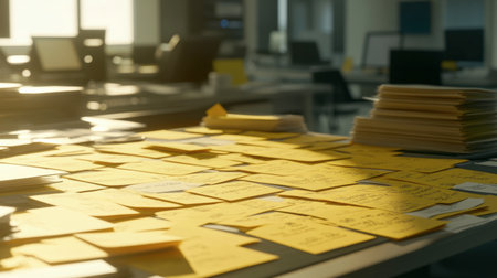 A cluttered desk in a modern office filled with yellow sticky notes, showcasing a busy workspace filled with ideas, organization, and productivity.の素材