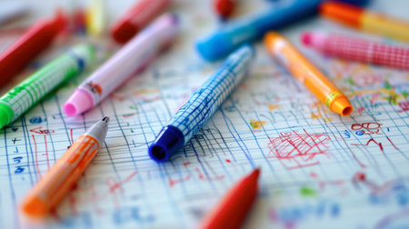 A vibrant collection of colorful markers scattered on a paper surface filled with playful scribbles, ideal for illustrating creativity and artistic expression.の素材