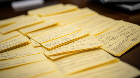 A closeup view of stacked yellow note cards filled with handwritten notes, representing organization and creativity in a workspace setting.の素材