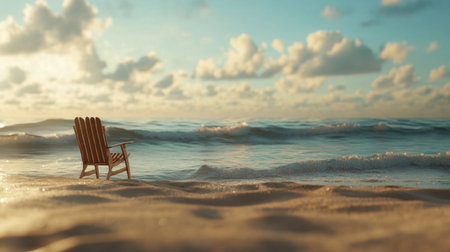 A tranquil beach scene featuring a solitary chair facing gentle waves and soft clouds. Perfect for relaxation and summer escapes.の素材