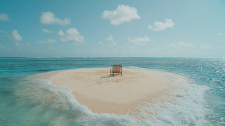 A tranquil beach scene featuring a solitary chair on a sandy island surrounded by crystal clear ocean waters, perfect for relaxation and escape.の素材