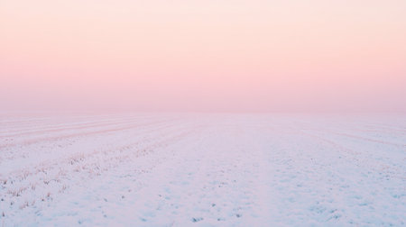 A tranquil winter landscape features a vast snow-covered field under a pastel dawn sky. The gentle fog enhances the serene atmosphere, creating a peaceful scene.の素材