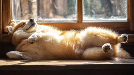 A charming dog enjoys a sunny afternoon by the window, showcasing a moment of relaxation and tranquility. Perfect for pet lovers and cozy indoor scenes.の素材