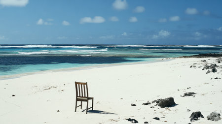 A solitary chair rests on a serene beach, surrounded by endless ocean and soft sands. This tranquil scene captures the essence of solitude and natural beauty.の素材
