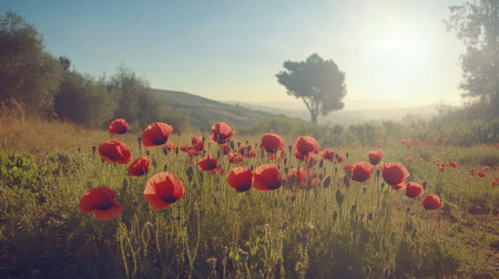 A beautiful display of vibrant red poppies in a serene landscape, basking in the morning sunlight, creating a stunning and peaceful scene.の素材